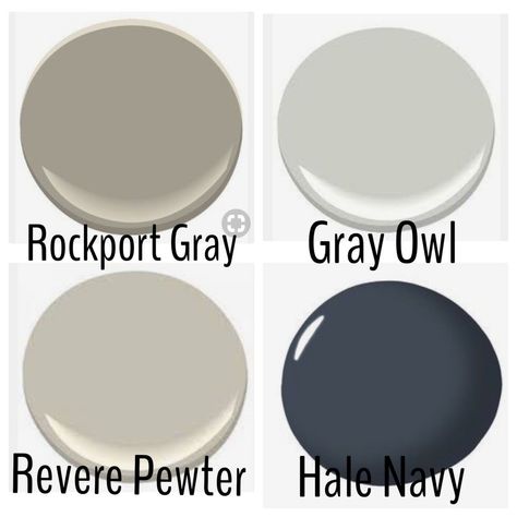 Colour palette for new house Rockport- kitchen and bathrooms Gray owl- main areas Revere pewter - kids rooms Hale Navy - dining room, master bedroom Sea Salt And Hale Navy Kitchen, Gray With Navy Accent Wall, Revere Pewter With Blue Accent Wall, Wall Colors With Navy Cabinets, Navy And Gray Bathroom, Dining Room Navy, Interior Paint Colors Schemes, Neutral Dining Room, House Colour