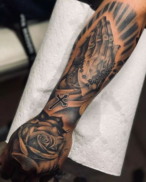 Forearm Tattoo Men Sleeve Meaningful, Hand Tattoos Cross, Arm Sleeve Tattoo For Men Unique, Tattoos For Family Meaningful, Chrome Heart Tattoo, Christian Tattoo Ideas, Arm Tattoos For Guys Forearm, Tattoos Cross, Half Sleeve Tattoos Forearm