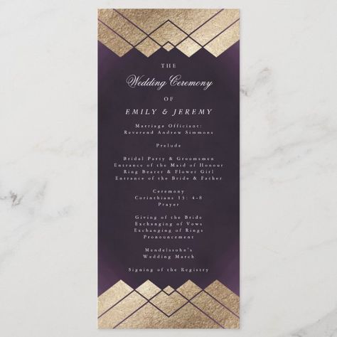 Geometric Purple Gold Gatsby Wedding Program #antique #wedding #invitation #suite #vintage #Program Antique Wedding Invitations, Wedding Rehearsal Dinner Ideas, Marriage Officiant, Garden Wedding Theme, Bridal Party Groomsmen, Wedding Reception Menu, Wedding Invitations Vintage, Ring Bearer Flower Girl, Outdoor Celebration