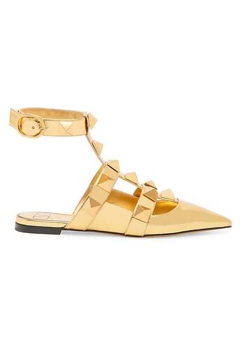 Valentino Garavani Shoes, Ankle Strap Flats, Office Shoes, Valentino Rockstud, Valentino Shoes, Pointed Toe Flats, Ballerina Flats, Gold Leather, Leather Flats