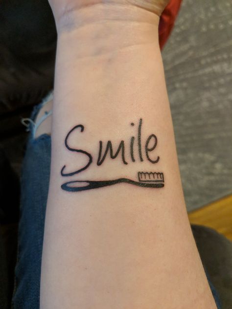 Smile tattoo, toothbrush tattoo Toothbrush Tattoo, Smile Tattoo, Tattoo Quotes, Brushing Teeth, Tattoos, Quick Saves