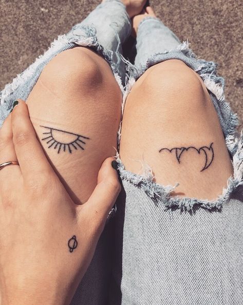 Delicate line tattoos of sun & moon rising/setting Mandala Sun, Tattoo Mandala, Sun Tattoos, Bff Tattoos, Tattoo Videos, Poke Tattoo, Stick And Poke, Dream Tattoos, Trendy Tattoos