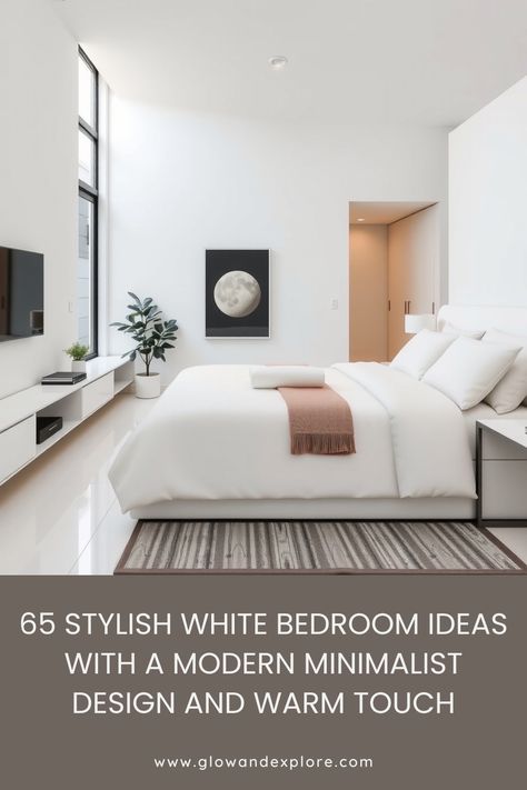 This bedroom is the perfect blend of modern minimalism with just a hint of warmth. The clean white palette is complemented by soft, earthy accents, making the space feel both sophisticated and cozy. If you’re inspired by this look, there are 65 more white bedroom ideas that offer a fresh take on stylish simplicity. Modern Minimal Bedroom Design, White Minimal Bedroom, Modern White Bedroom Ideas, Minimal Bedroom Decor, Bedroom Minimal, Modern White Bedroom, Interior Design Color Schemes, White Bedroom Ideas, Minimal Bedroom