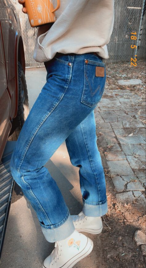 Wrangler Jeans And Hey Dudes, Cuffed Wrangler Jeans Outfit, Wrangler Straight Leg Jeans Outfits, Weastern Jeans, Womens Wrangler Cowboy Cut Jeans, Wrangler Retro Jeans Women Outfits, Converse Country Outfit, Vintage Wranglers Outfit, Tan Wrangler Jeans Outfit