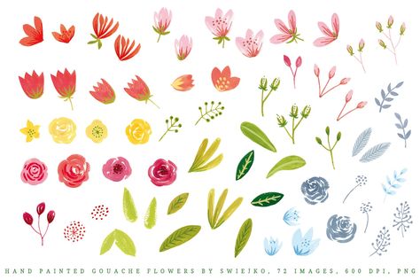 Simple Gouache Flowers by swiejko on @creativemarket Simple Flower Pottery Painting, Gouache Simple, Simple Gouache, Flower Gouache, Flowers Gouache, Gouache Flowers, Drawing Steps, Simple Illustrations, Easy Flower Painting