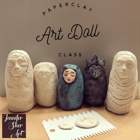 Welcome! I've created this class to introduce you to Paperclay. What is Paperclay? Paperclay is a modeling material to which processed cellulose fiber (paper being the most common) has been added. Using paper clay requires less technical skill than conventional clay, so beginners can focus more on the creative expression of their ideas. That's one of the reasons I love working with Paperclay 😊. It is airdry, you could sand, drill in it and add more clay if you wish to continue working on your p Paper Clay Art, Spirit Art Dolls, Paper Mache Dolls, Decorative Stamps, Paper Mache Art, Paper Mache Crafts, Clay Faces, Spirited Art, Spirit Dolls