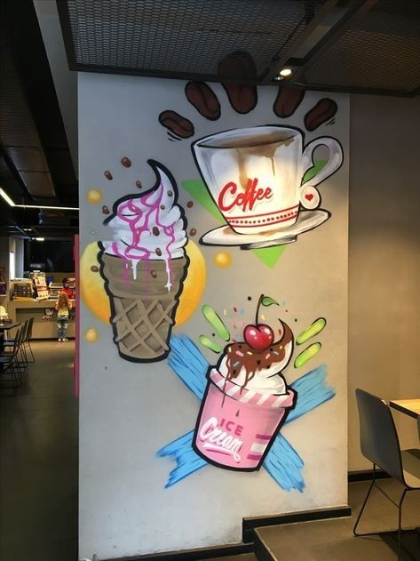 Ice Cream Shop Wall Mural, Cafe Wall Art Murals, Graffiti Cafe, Mural Cafe, Selfie Wall, Cafe Wall Art, Coffee Shops Interior, Kiosk Design, Diy Home Decor Ideas