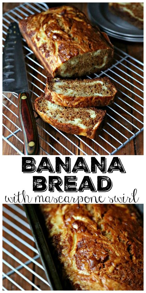 Have brown and black bananas lying around? Don't toss them! They are perfect for my banana bread with a marscarpone and cream cheese swirl. Recipes With Mascarpone Cheese, Breakfast Vegetarian, Mascarpone Recipes, Vegan Breakfasts, Cake Tips, Jen Jen, Overripe Bananas, Coffee Cakes, Mascarpone Cheese