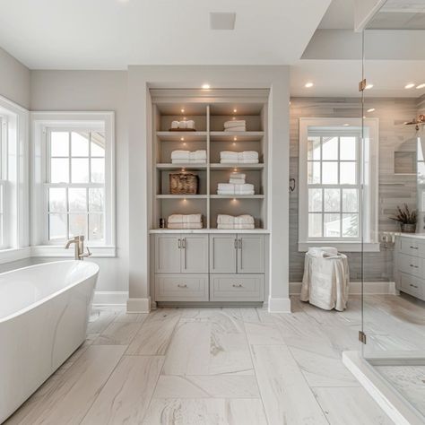 Bathroom With Built In Storage, Closet In Bathroom Master, Bathroom Linen Cabinet Built In, Renovation Ideas Exterior, Front Door Overhang, Master Remodel, Door Overhang, Home Renovation Ideas, Bathing Beauty