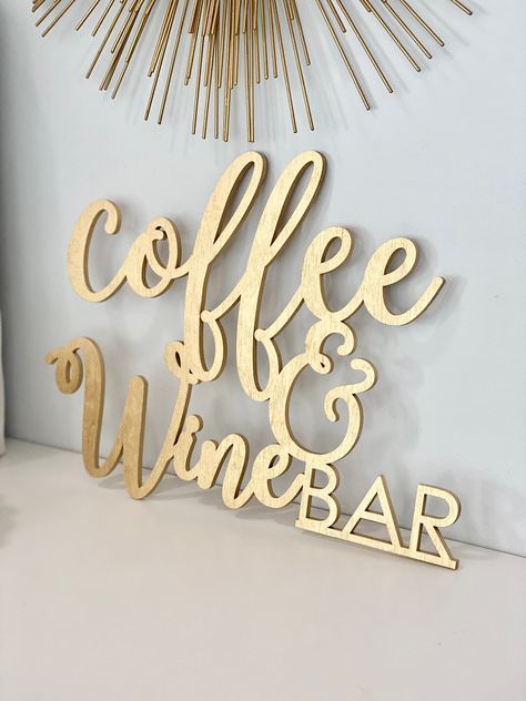 "A beautiful and unique Coffee & Wine Bar wall sign to decorate your drinks area! [ Purchase Includes ] ♡ Coffee & Wine Bar Sign *Accessories, backboard, and hanging material not included. [ Dimensions ] ♡ Width: 12.75\" inches wide ♡ Height: 10\" inches tall *Dimensions are approximated in inches. [ Specifications ] ♡ Made of Wood ♡ Approx. 4mm thick (lightweight) ♡ Some finishes may show wood grains/texture more than others" Wine Dining Room Decor Ideas, Dry Bar Decor, Coffee And Alcohol Bar, Coffee And Wine Station, Office Kitchen Break Room, Coffee And Wine Bar Ideas, Coffe And Wine Bar, Coffee/wine Bar Ideas, Glam Coffee Bar