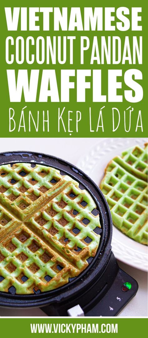 Vietnamese Coconut Pandan Waffles (Banh Kep La Dua) — Vicky Pham | Recipe | Pandan waffle, Waffle iron recipes, Waffle recipes Coconut Pandan Waffles, Pandan Waffles Vietnamese, Vietnamese Waffle Recipe, Pandan Waffle Recipe Vietnamese Dessert, Vietnamese Pandan Waffle Recipe, Pandan Extract Recipes, Vietnamese Breakfast Recipes, Pandan Waffle Recipe, Pandan Sticky Rice