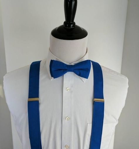 Blue Bow Tie And Suspenders, Chambelanes Outfits Quinceanera, Chambelan Outfits, Chambelanes Outfits, Royal Blue Bow Tie, Beauty And The Beast Quince, Royal Blue Quince, Blue Bowtie, Royal Blue Tie