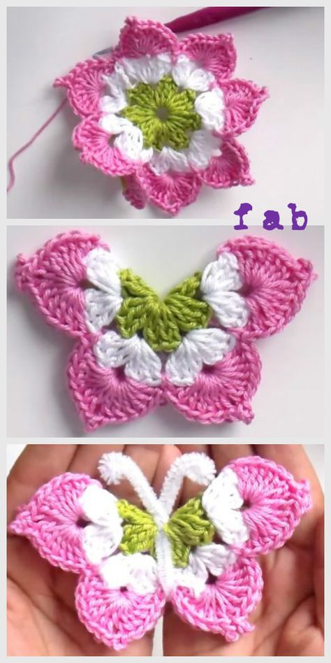 Crochet 3D Papillon Gratuit Pattern-Video Crocheted Butterfly, Crochet Butterfly Free Pattern, 3d Crochet, Crochet Butterfly Pattern, Butterfly Tutorial, Confection Au Crochet, Crocheted Flowers, Pola Amigurumi, Crochet Butterfly