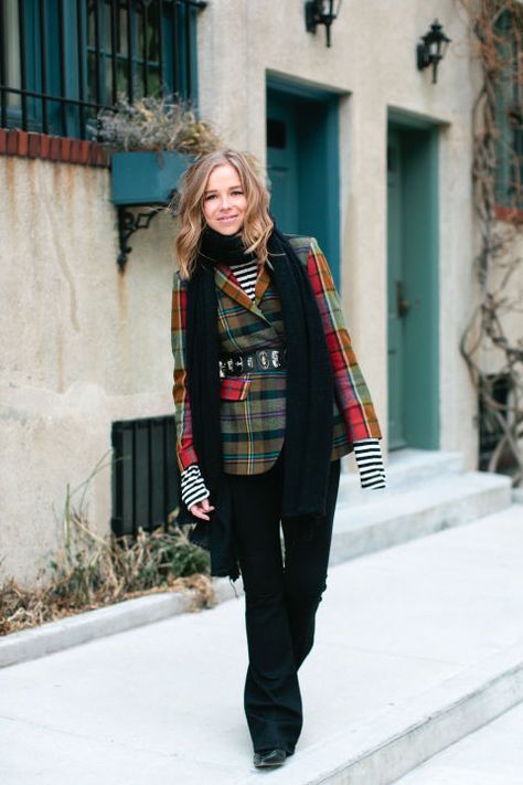 Etro Plaid Jacket 10 Crosby Derek Lam Striped Tee, $225; modaoperandi.com ASOS Oversized Knit Scarf, $28; us.asos.com Frame Denim Le High Flare Jeans, $220; net-a-porter.com Sally LaPointe belt Chanel shoes Belt Chanel, Chloe King, People On The Street, Vintage Editorials, Sally Lapointe, Mixing Patterns, Getting Dressed, Oversize Knit, Derek Lam