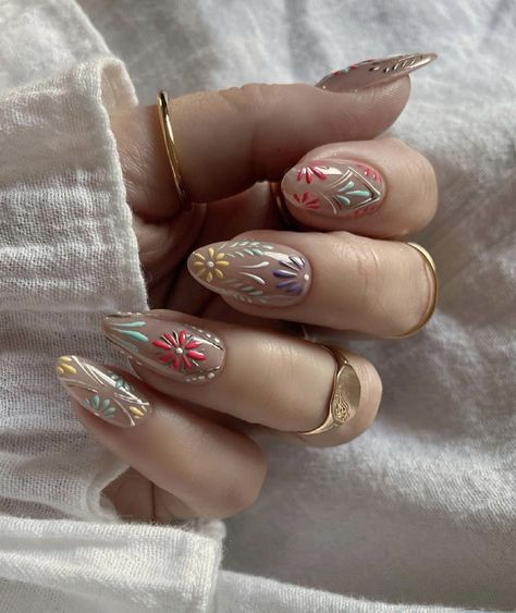 Folk Nails, Mexican Inspired Nails Mexico, Mexican Nails, Spring Nail Ideas, Spring Acrylic Nails, Cat Kuku, Spring Nail, Floral Nails, Pretty Acrylic Nails