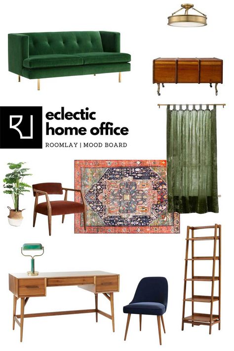 Eclectic  style home office furniture list Eclectic Living Room Mood Board, Eclectic Desk Decor, Modern Eclectic Office, Eclectic Office Design, Eclectic Mood Board, Vintage Office Aesthetic, Mid Century Office Ideas, Furniture Mood Board, Eclectic Desk