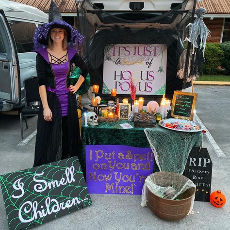 Hocos Pocos Trunk Or Treat Ideas, Spooky Trunk Or Treat Ideas For Trucks, Witch Themed Trunk Or Treat Ideas, Truck Or Treat Ideas Hocus Pocus, Halloween Trunk Or Treat Hocus Pocus, Hocus Pocus Themed Trunk Or Treat Ideas, Trunk Or Treat Hocus Pocus Theme, Hocus Pocus Car Decorations, Trunk Or Treat Ideas Vampire