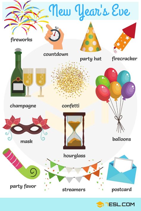 3.2Kshares Learn useful New Year’s Eve Vocabulary through pictures. New Year’s Eve, the last day of the year, is on … Ingles Kids, New Year Words, New Years Eve Fireworks, English Teaching Materials, About New Year, Flashcards For Kids, English Vocab, English Language Teaching, Grammar And Vocabulary