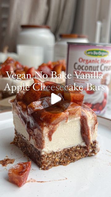 Mary Christine Papadimos on Instagram: "this is fall 🍁 in a velvety smooth, creamy, dreamy and cinnamon spiced apple cheesecake! like the video and comment “Apple” for the recipe! 🍎 

the secret ingredient that makes my Vegan No Bake Vanilla Apple Cheesecake Bars sooo rich is @edwardandsons Let’s Do Organic® Organic Heavy Coconut Cream!! it has no gums, fillers or preservatives- just coconut and water, as it should be :). recipe is in bio and on Upbeetandkaleingitblog {sponsored}
∙

∙

∙

∙

#foodreel #desserttime #dessertgram #cheesecake #desserts #healthydessert #proteinpacked #buzzfeast #foodblogger#glutenfreedessert #eatwell #vegandessert #plantbasedfood #apple #nobake #plantbased" Vegan No Bake, Apple Cheesecake Bars, Apple Cheesecake, Cheesecake Desserts, Cinnamon Spice, Cheesecake Bars, Spiced Apples, Secret Ingredient, Healthy Dessert