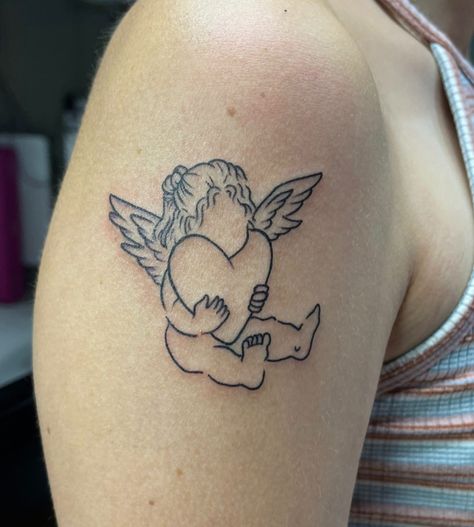 A little bit of angelic sweetness right here on Earth - in the form of a cherub tattoo! Love this lovely little line work tattoo from Agustin @agustin_art23 Now booking through the link in our bio! #tattoo #tattooartist #ink #tattoolife #tattoodesign #tattoo2me #tattooist #fortlauderdale #blackandgreytattoo #lineworktattoo Angel Tattoo Linework, Earth Angel Tattoo, Cherub Tattoo, Tattoo Love, Work Tattoo, Line Work Tattoo, Now Booking, Angel Tattoo, Line Work