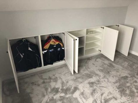 Ikea Hack - Built-in storage in knee wall - Imgur Slanted Wall Storage, Knee Wall Storage, Knee Walls, Bonus Room Design, Attic Bedroom Storage, Eaves Storage, Attic Wardrobe, Slanted Walls, Roof Storage