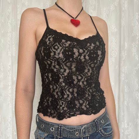 Y2K 2000s Vampire Girlfriend Fairygrunge Dainty Black Lace Cami #y2k #y2kfashion #2000s #2000sfashion #depop #Dainty #Summer2023 #Lace #cami #darkcoquette #tairygrunge Lace Cami Top Outfit Y2k, Black Lace Cami Outfit, Early 2000s Tops, Lace Camisole Outfit, Lace Cami Top Outfit, Lace Cami Outfit, 2000s Vampire, Lace Cami Y2k, Cami Top Outfit