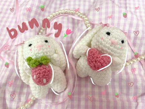 mini crochet bunnies 🍓💗✨ pattern by: @mahumcrochets [ crochet, knit, bunny, cute, aesthetic, coquette, rabbit, kawaii, decor, plushie, miniature, minimalist, cottagecore, art, craft, yarn, pearls, ribbons, crocheting, pinterest, strawberry, heart, bow, doodles] #crochet #aesthetic #fyp #foryoupage #relatable #explore #explorepage #knit #crochetaddict #crochetersofinstagram #crocheter #crocheted #amigurumi #bunny #cute #kawaii #cottagecore #coquette #plushies #crochetpattern Coquette Plushies, Crochet Bunnies, Minimalist Cottagecore, Kawaii Cottagecore, Knit Bunny, Kawaii Decor, Crocheted Amigurumi, Strawberry Heart, Cottagecore Art