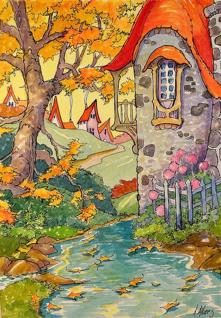 The Autumn Pool Storybook Cottage Series | by cottagelover1953 Art Deco Cottage, Cottage Illustration, Storybook House, Cottage Painting, Storybook Art, Storybook Cottage, Illustration Noel, Cute Cottage, Cottage Art