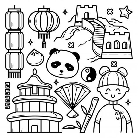 Chinese Doodles Art, Chinese Doodles Drawing, China Doodle, Challenge Menabung, Chinese Culture Design, Chinese Celebrations, Hand Cartoon, Chinese Drawing, Mirror Drawings