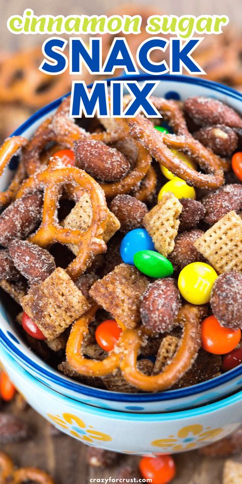 Cinnamon Sugar Snack Mix is the perfect sweet trail mix with pretzels and almonds. We love this - the kids love this too! Cinnamon Sugar Snacks, Sweet Trail Mix, Christmas Snack Mix, Caramel Apple Salad, Salty Sweet Snacks, Crazy For Crust, Homemade Trail Mix, Trail Mix Recipes, Chex Mix Recipes