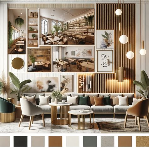 Immerse yourself in our café mood board featuring neutral tones, pops of blue, and natural materials. 🌿☕️✨ This combination exudes elevated relaxation, creating a serene and sophisticated atmosphere perfect for unwinding. #YEGDesign #LuxuryInteriors #YEGArchitecture #RestaurantDesign Cafe Color Scheme, Room Mood Board, Work Cafe, Design Mood Board, Office Lounge, Mood And Tone, Mood Board Design, Break Room, Cafe Design