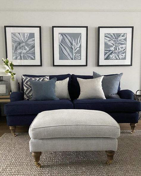 Ross & Ian on Instagram: “They say threes a crowd but in this case.. it’s picture perfect! The pictures are from @neptunehomeofficial and the frames have been…” Navy Sofa Living Room, Blue Sofa Living, Blue Sofas Living Room, Navy Sofa, Navy Living Rooms, Cosy Living Room, Blue Sofa, Blue Living Room, Living Room Pictures