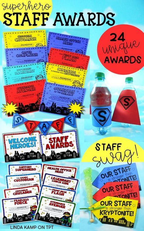 Award and thank your school staff at the end of the year with these unique end of year staff awards. Their fun superhero theme makes for a great way to acknowledge the superpowers of your entire staff! This set includes 24 awards in 6 styles each with color and blackline. Why not give then a superhero send off with an awards ceremony too? This pack also includes a celebratory banner, posters, nominations and planning pages. Perfect for staff appreciation week too! Super Hero Staff Appreciation Ideas, Superhero School Theme, Superhero Teacher Appreciation, Superhero Week, Recognition Ideas, Superhero School, Staff Awards, Teacher Morale, Superhero Teacher