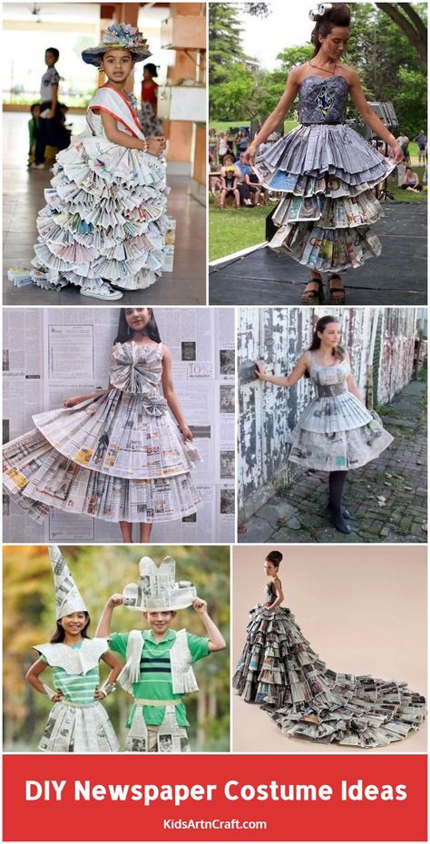 DIY Newspaper Costume Ideas - Kids Art & Craft Newspaper Dress For Kids, Newspaper Costume, Newspaper Dress Fashion, Newspaper Dress Diy, Newspaper Clothes, Newspaper Outfit, News Paper Dress, Flower Dress Design, Fancy Dress Competition