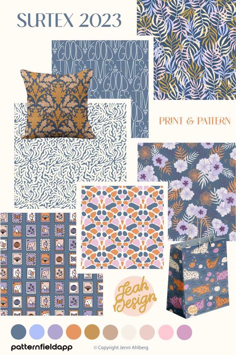 Moodboard of botanical, hand-lettered and animal repeat patterns created in trend colours like elemental blue, apricot crush and digital lavender. Fabric Pattern Trend 2023, Trendy Patterns 2023, Trend Pattern 2023, Trending Patterns 2024, Pattern Trends 2023, 2023 Pattern Trends, Home Textile Trends 2023, 2024 Pattern Trends, Surface Pattern Design Trends 2023