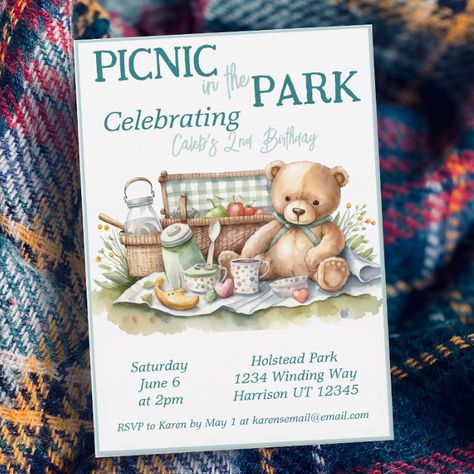 Picnic in the Park Cute Bear Birthday  Invitation - tap/click to personalize and buy #Invitation #picnic #in #the #park, #green, Picnic Birthday Party Invitations, Bear Picnic Birthday Party, Cute Bear Birthday, Teddy Bear Picnic Birthday Party, Picnic Invitations, Birthday Party At Park, 92nd Birthday, Picnic Birthday Party, Bear Picnic