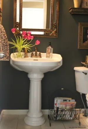 urbane-bronze-powder-room-pedestal-sink-before - The Painted Chandelier Powder Room Ideas Pedestal Sink, Powder Room Colors, Bathroom Sink Skirt, Diy Table Skirts, Powder Room Pedestal Sink, Diy Sink, Vintage Powder Room, Guest Bath Ideas, Pedestal Sink Bathroom