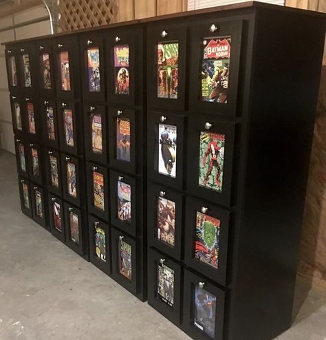 Comic Book Collection Display, Dvd Display Ideas, Comic Book Display Ideas, Comic Book Organization, Comic Book Rooms, Comic Book Box Storage, Comic Storage, Comic Display, Lego Storage Organization