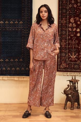 Shop for Gulabo Jaipur Brown Cotton Muslin Printed Shirt And Pant Set for Women Online at Aza Fashions Gulabo Jaipur, Printed Palazzo Pants, Shirt Pant Set, Cotton Muslin, Cotton Set, Elastic Waist Pants, Co Ord Set, Muslin Cotton, Pant Set