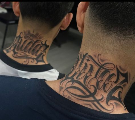 Tattoo Back Neck Men, 2009 Tattoo Number, Small Name Cover Up Tattoos, Neck Name Tattoo Men, Loyalty Neck Tattoo, Neck Name Tattoo, Neck Sleeve Tattoo, Name Neck Tattoo, Neck Tattoo For Boys