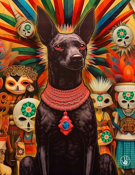 Aztec Dog Symbol, Mexican Xolo Dog, Fire And Lightning, Xolo Dog, Punk Bands Posters, Aztec Gods, Latin American Folk Art, God Of Fire, Aztec Artwork