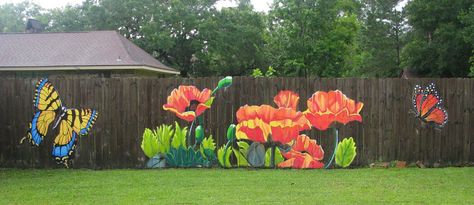 Original Poppy Fence — Lori Anselmo Art Fence Murals, Painted Fences, Beer Garden Ideas, Fancy Fence, Outdoor Mural, Outdoor Murals, Fence Painting, Brick Garden Edging, Exterior Murals