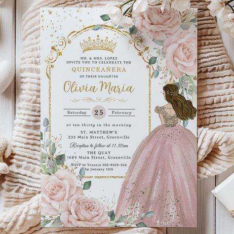 Chic Blush Pink Roses Floral Princess Quinceañera Invitation Green Princess Gown, Quinceañera Invitation, Blush Pink Roses, Dress Quinceanera, Green Princess, Quinceanera Pink, Sage Green Floral, Debutante Ball, Pink Ball Gown