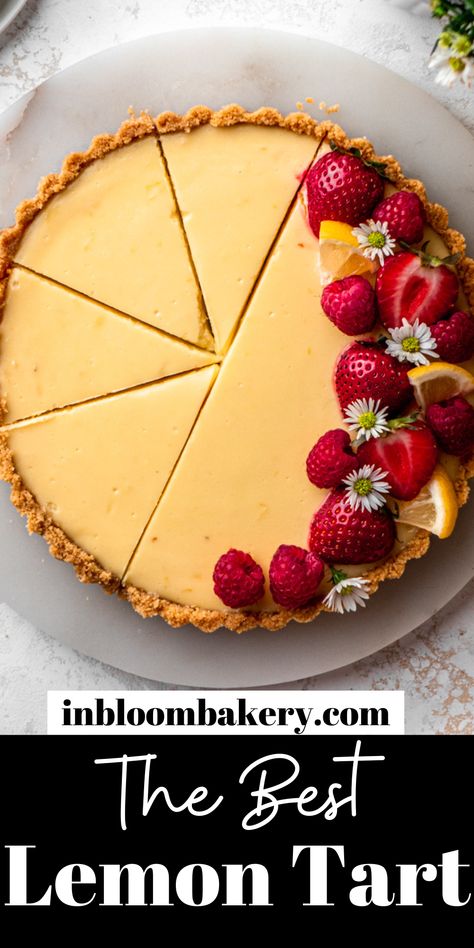 This recipe is for the best lemon tart. It has a Golden Oreo crust, and it’s filled with a creamy and tart lemon custard filling. Beautiful Tarts, Lemon Custard Filling, Tartlet Shells, Lemon Custard Tart, Golden Oreo Crust, In Bloom Bakery, Bloom Bakery, Lemon Tart Recipe, French Tart