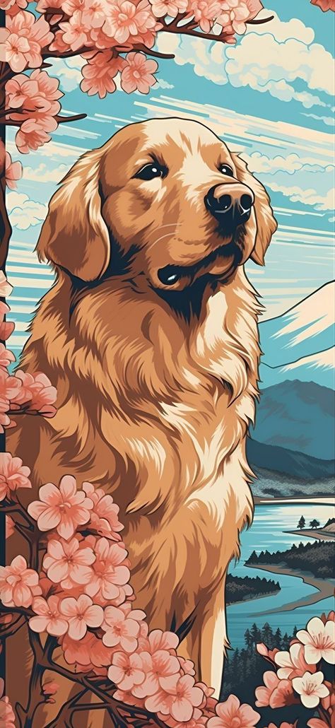 Golden Retriever Cute Wallpaper, Dog Wallpaper Golden Retrievers, Golden Retriever Digital Art, Dog Lockscreen Aesthetic, River Aesthetic Wallpaper, Cute Dogs Wallpaper Iphone, Golden Retriever Wallpaper, Golden Retriever Drawing, Golden Retriever Painting