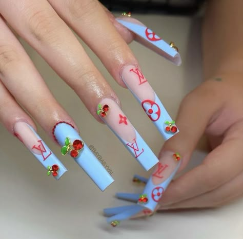 French Tip With Cherries, Nails Louis Vuitton, Blue French Tip, Louis Vuitton Nails, Cherry Nails, Drip Nails, Baddie Nails, Long Nail Designs, Nails Design With Rhinestones