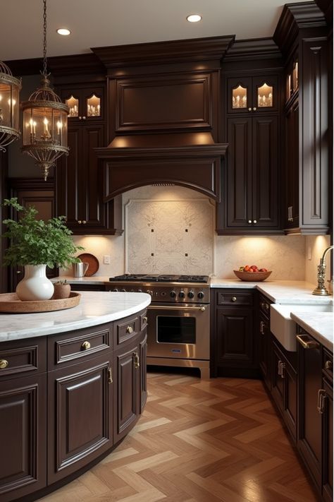 Luxurious dark wood traditional kitchen with curved marble island Espresso Cabinets Black Countertops, Black And Brown Granite Countertops, Decor Over Kitchen Cabinets, Kitchen Espresso Cabinets, Espresso Cabinets Kitchen, Old Money Kitchen, Kitchen Design Traditional, Neo Classic Kitchen, Elegant Kitchens Luxury