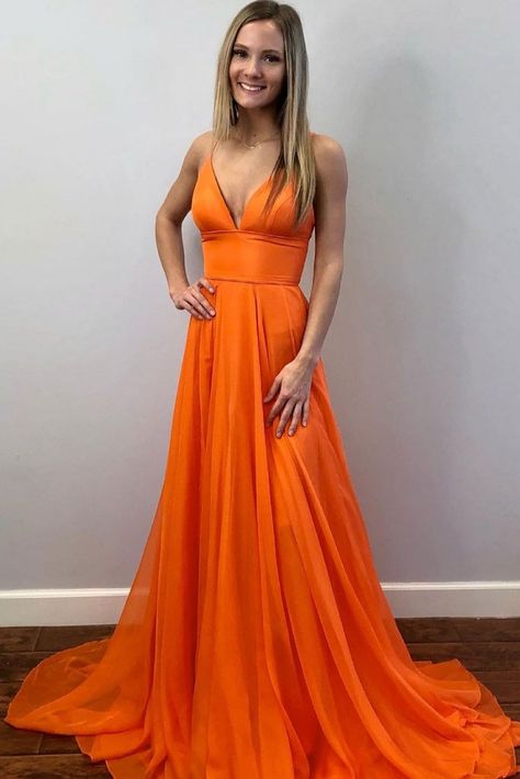 Prom Dress Orange, Orange Evening Dresses, Orange Prom Dresses, Prom Inspo, Orange Chiffon, Long Sleeve Gown, Long Prom Dresses, Custom Size Dresses, Dress Orange