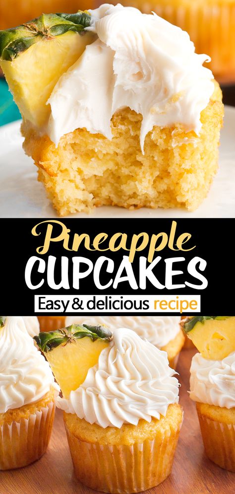 The Best Easy Pineapple Cupcakes With Coconut Frosting Easy Coconut Cupcake Recipes, Easy Pineapple Cupcakes, Dessert With Fresh Pineapple, Tropical Flavored Cupcakes, Fruit Inspired Cupcakes, Vegan Pineapple Cupcakes, Cupcake Recipes Fruit, Pineapple Baked Goods, Pineapple Dessert Cups