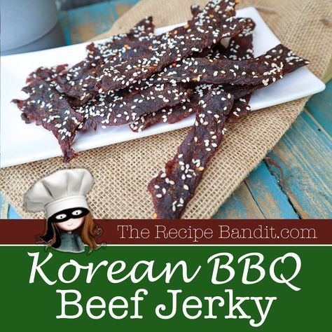 Korean Bbq Jerky Recipe, Korean Beef Jerky Recipe, Bbq Beef Jerky Recipe, Bbq Flank Steak, Beef Jerky Marinade, Oven Jerky, Jerkey Recipes, Jerky Marinade, Beef Jerky Recipe